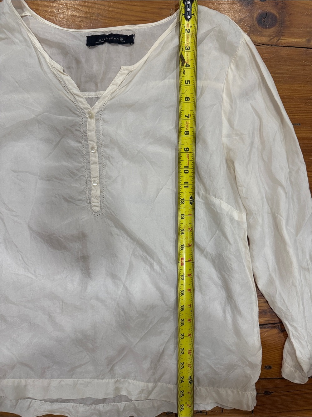 Zara Cream V-Neck Peasant Blouse 100% silk size large - Picture 7 of 10